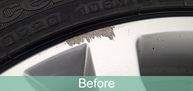 Kerbed alloy wheel, before repair